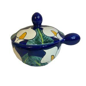 Mexican Talavera Pottery Colorful Calla Lilies Soup Bowl w/Handle and Lid Salsa